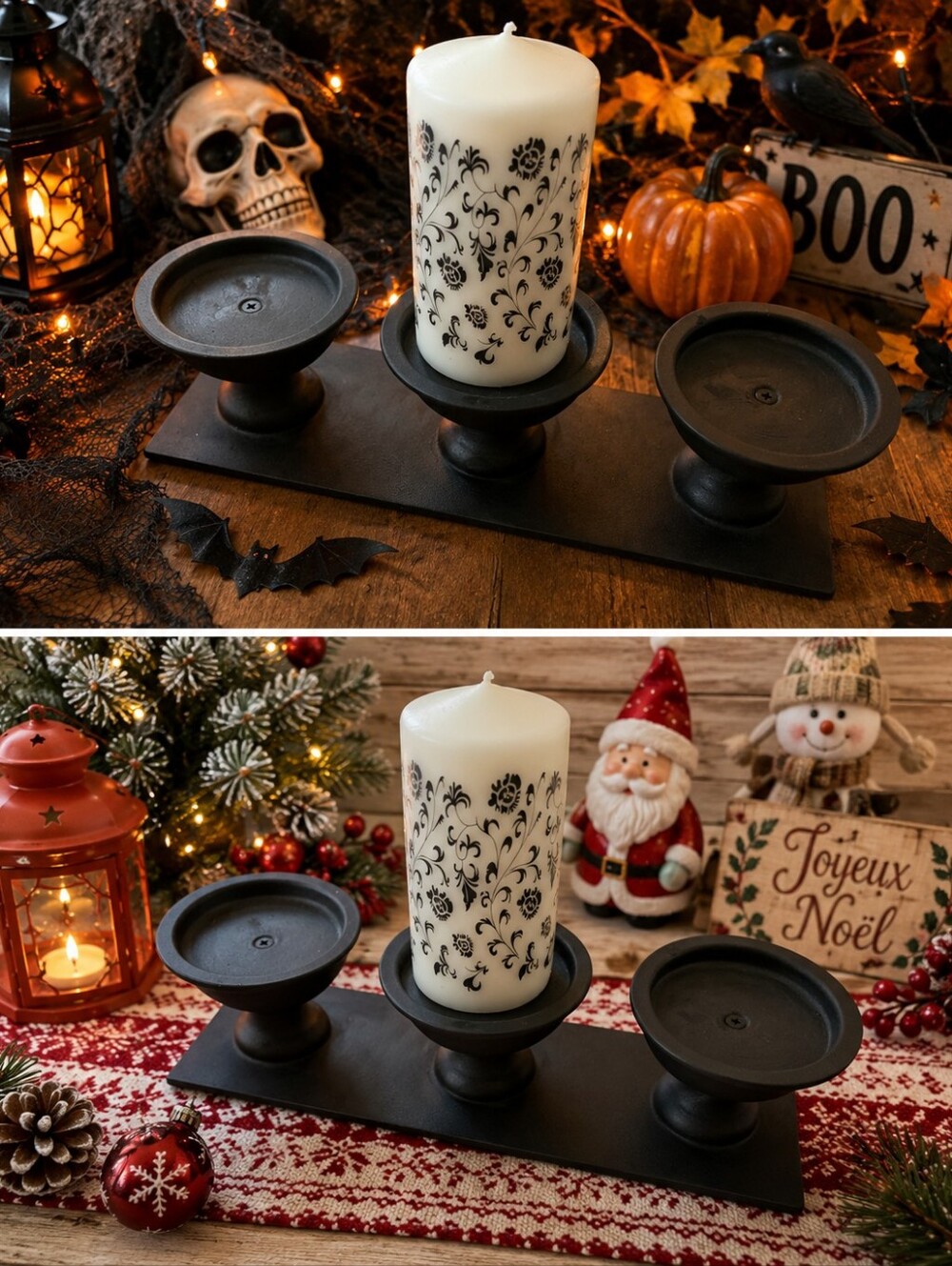Cast Iron ,Black Triple Pillar Candle Holder with Decorative Ivory Candle